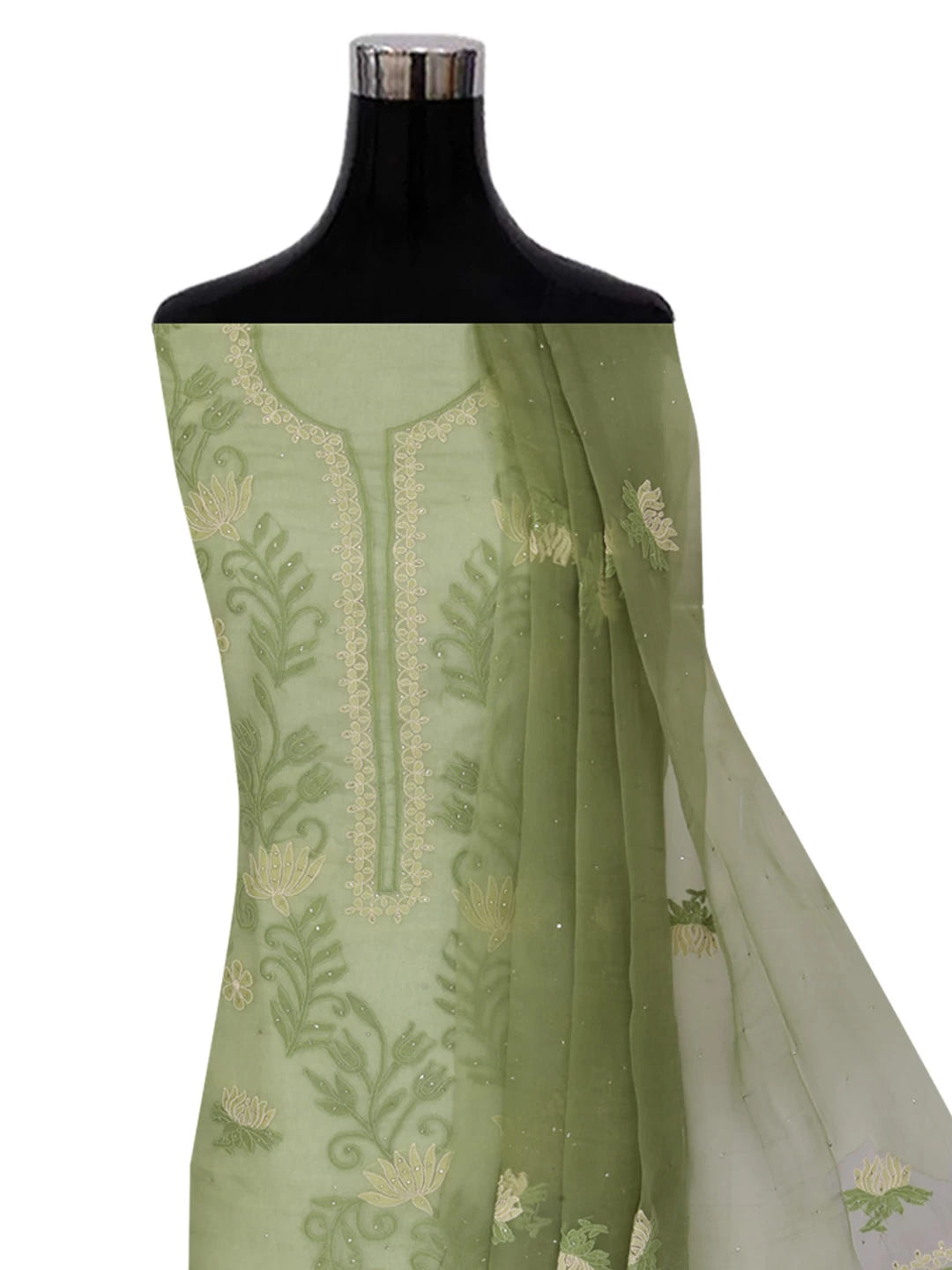 Ada Hand Embroidered Mehendi Green Organza Lucknowi Chikankari Unstitched Kurta Dupatta Set With Muqaish Work 01A376293