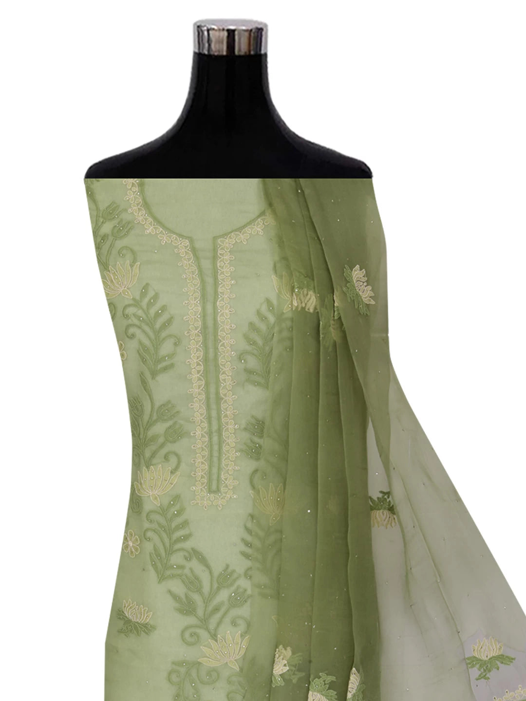 Ada Hand Embroidered Mehendi Green Organza Lucknowi Chikankari Unstitched Kurta Dupatta Set With Muqaish Work 01A376293
