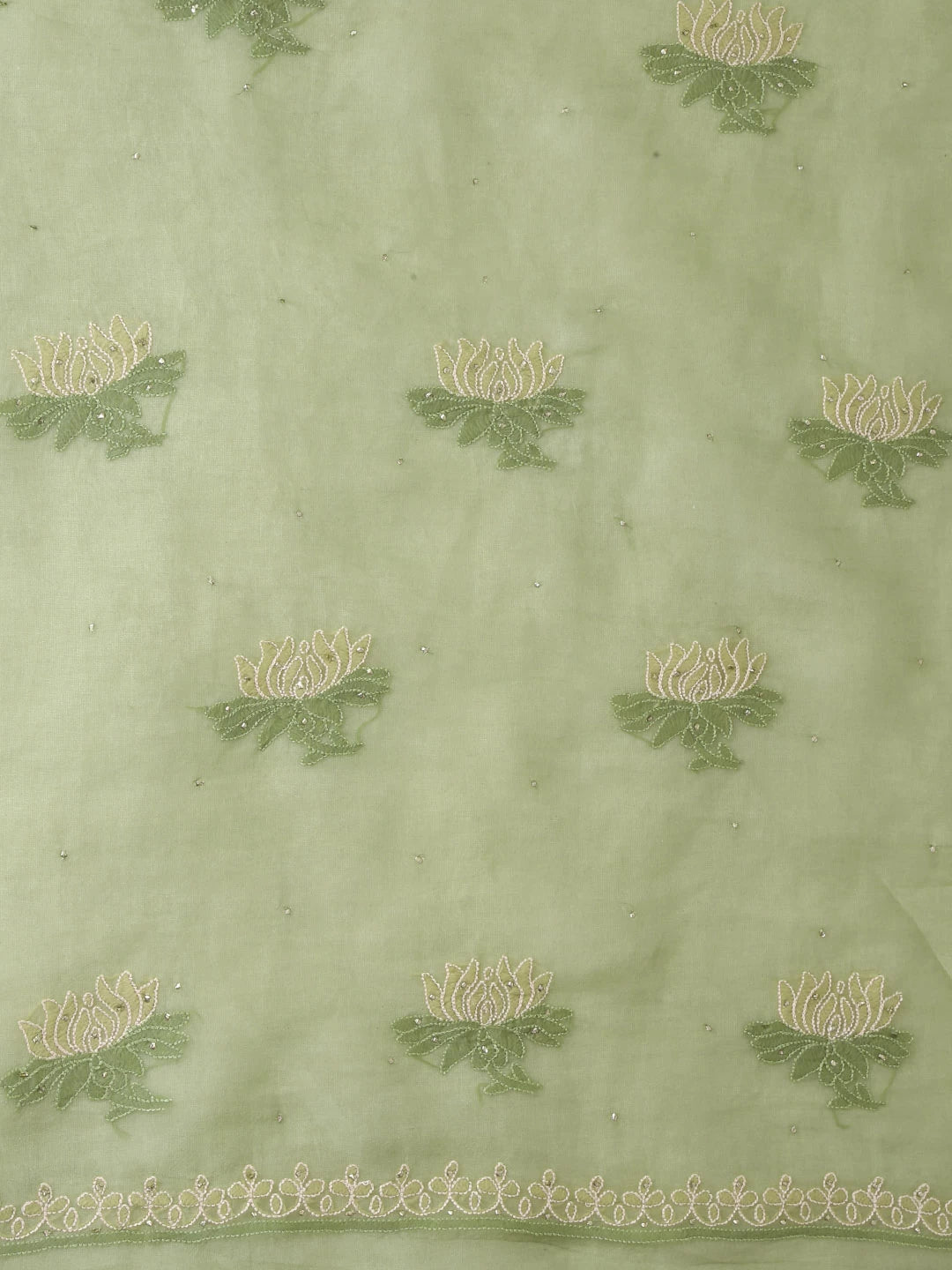 Ada Hand Embroidered Mehendi Green Organza Lucknowi Chikankari Unstitched Kurta Dupatta Set With Muqaish Work 01A376293