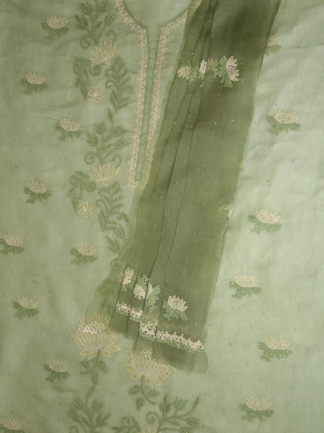 Ada Hand Embroidered Mehendi Green Organza Lucknowi Chikankari Unstitched Kurta Dupatta Set With Muqaish Work 01A376293