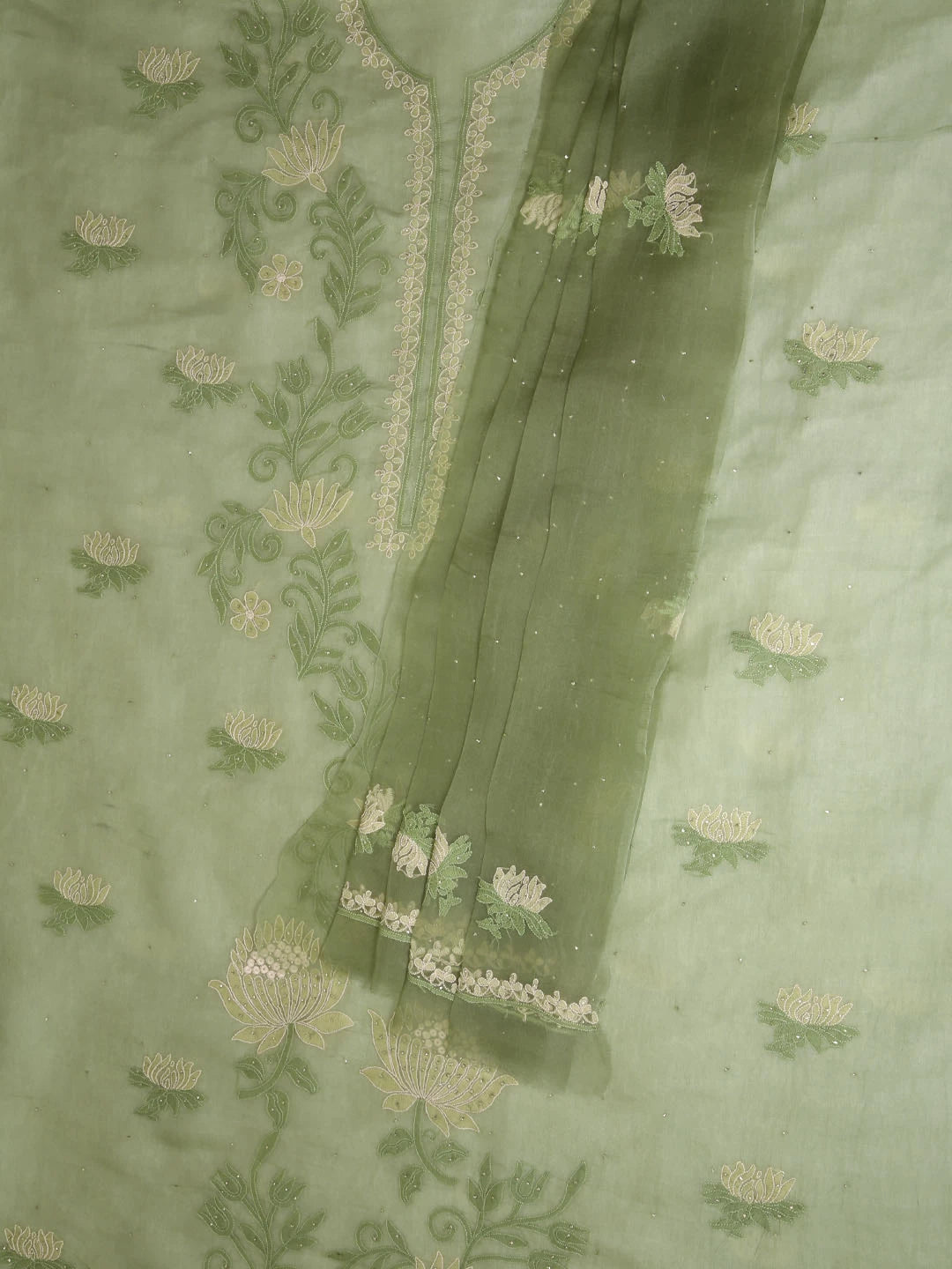 Ada Hand Embroidered Mehendi Green Organza Lucknowi Chikankari Unstitched Kurta Dupatta Set With Muqaish Work 01A376293