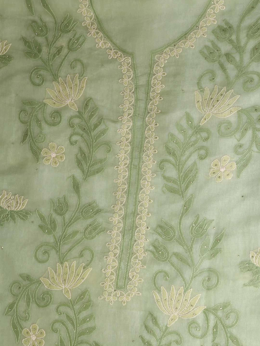 Ada Hand Embroidered Mehendi Green Organza Lucknowi Chikankari Unstitched Kurta Dupatta Set With Muqaish Work 01A376293