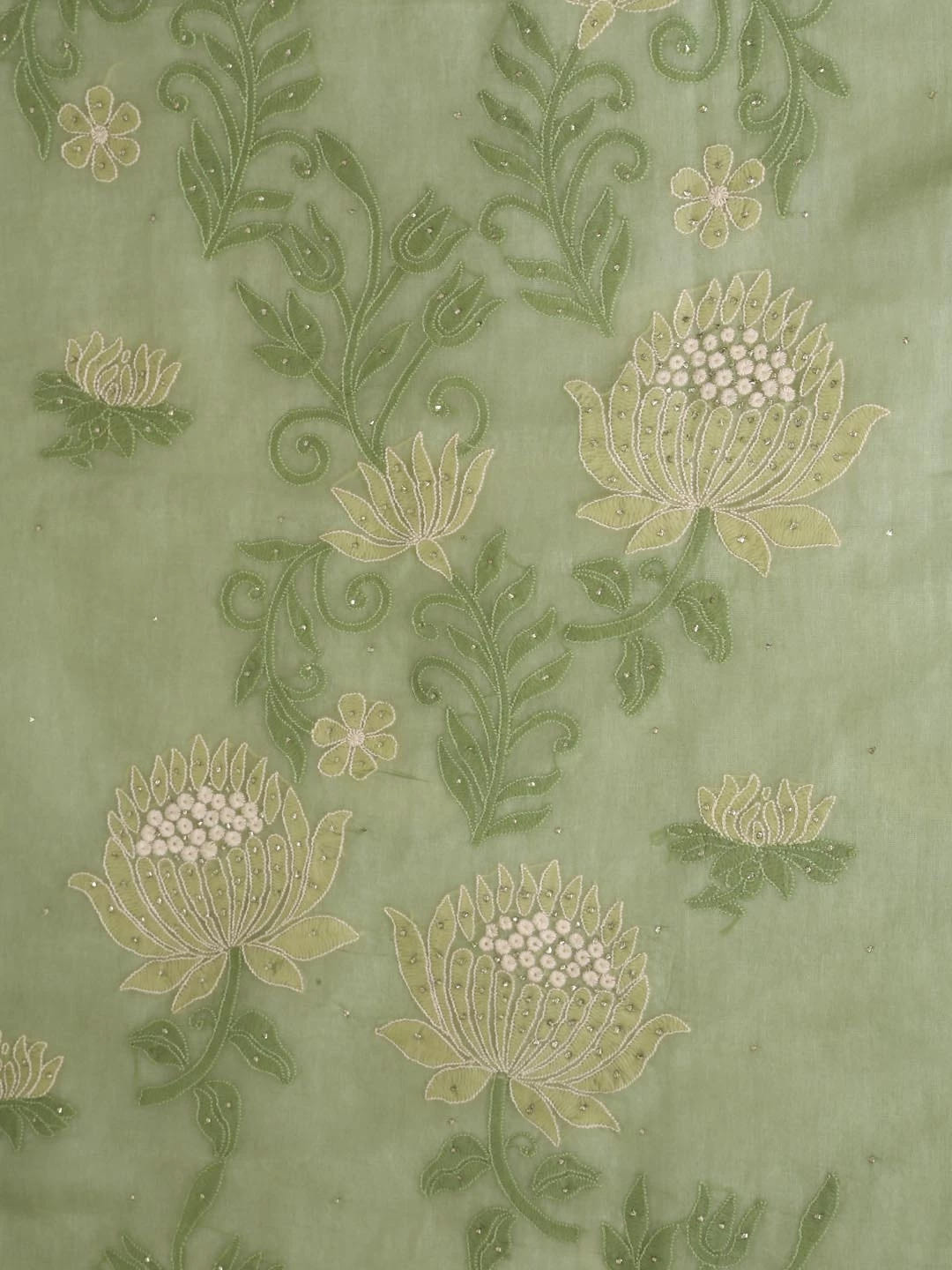 Ada Hand Embroidered Mehendi Green Organza Lucknowi Chikankari Unstitched Kurta Dupatta Set With Muqaish Work 01A376293