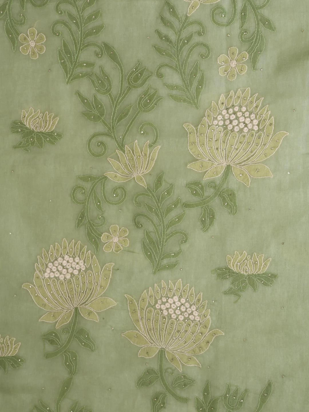 Ada Hand Embroidered Mehendi Green Organza Lucknowi Chikankari Unstitched Kurta Dupatta Set With Muqaish Work 01A376293