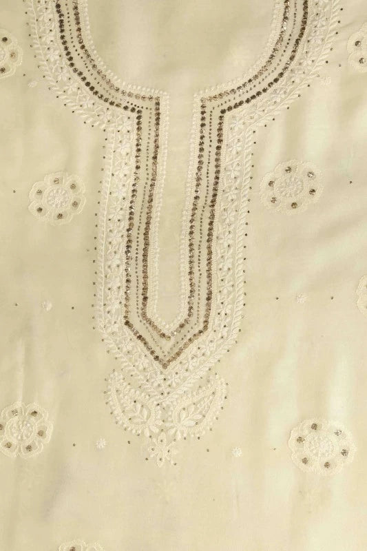 Ada Hand Embroidered Lemon Chanderi Lucknowi Chikankari Unstitched Kurta Piece With Muqaish Work A599619