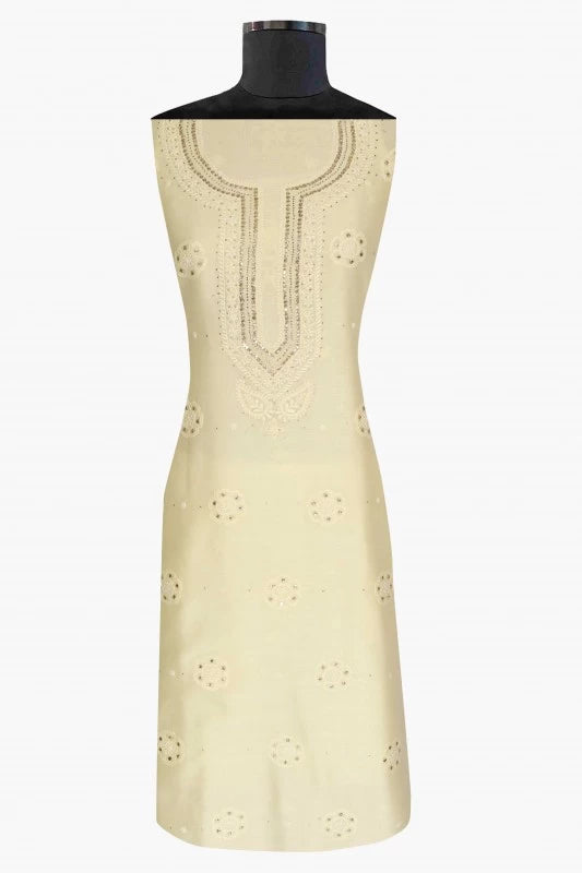 Ada Hand Embroidered Lemon Chanderi Lucknowi Chikankari Unstitched Kurta Piece With Muqaish Work A599619