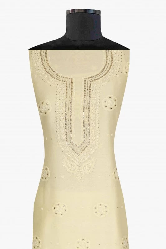 Ada Hand Embroidered Lemon Chanderi Lucknowi Chikankari Unstitched Kurta Piece With Muqaish Work A599619