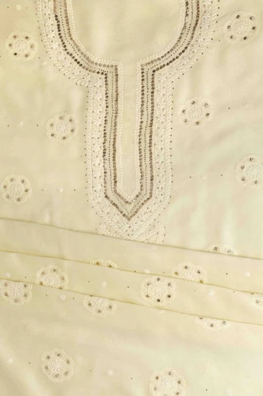 Ada Hand Embroidered Lemon Chanderi Lucknowi Chikankari Unstitched Kurta Piece With Muqaish Work A599619