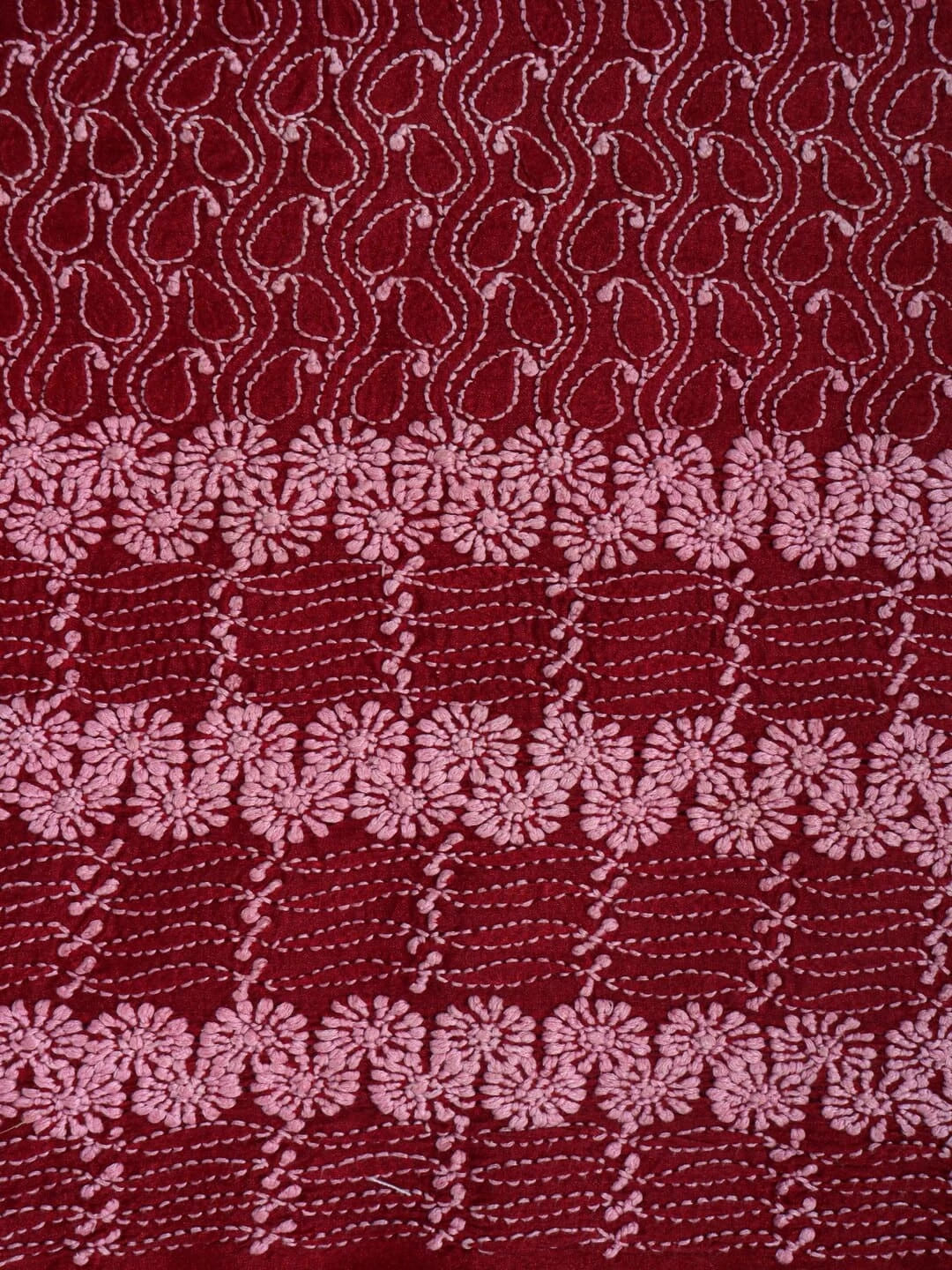 Ada Hand Embroidered Maroon Moonga Silk Lucknowi Chikankari Unstitched Kurta Piece 01A183673