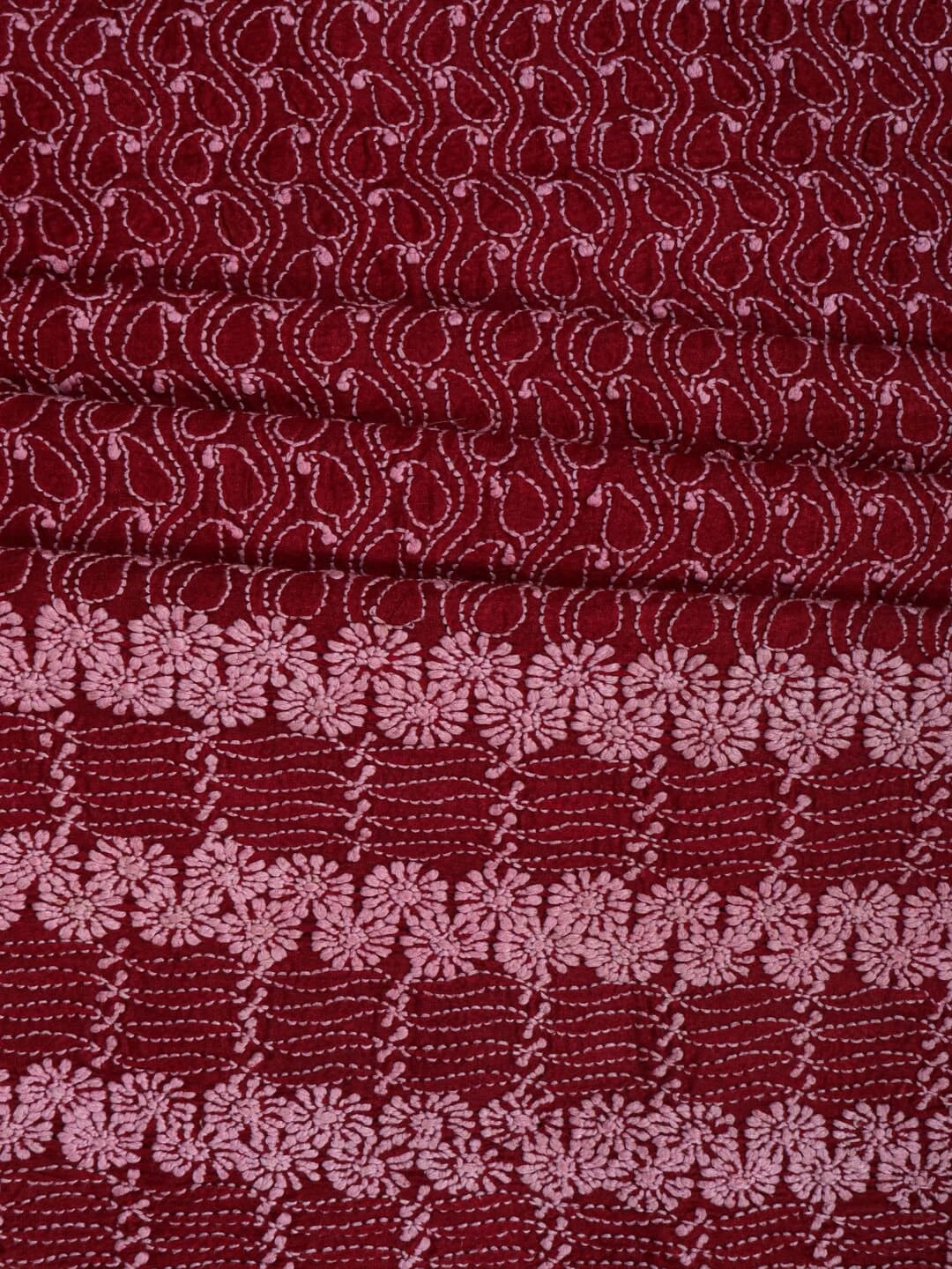 Ada Hand Embroidered Maroon Moonga Silk Lucknowi Chikankari Unstitched Kurta Piece 01A183673