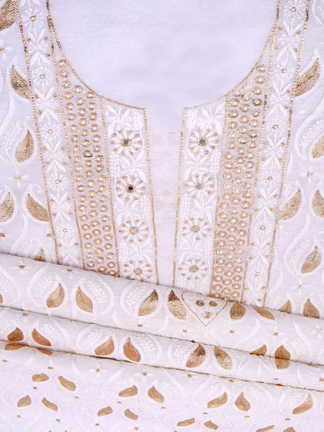 Ada Hand Embroidered White Chanderi Lucknowi Chikankari Unstitched Kurta Piece With Zari Work 01A119577