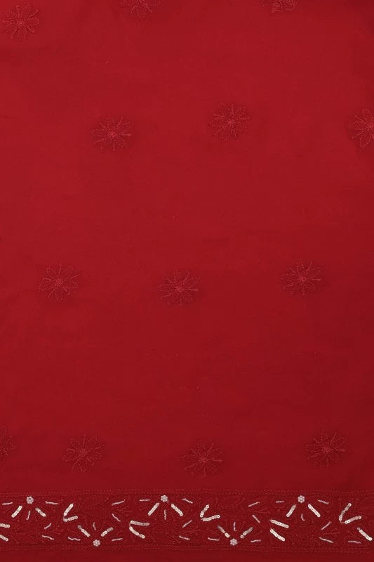 Ada Hand Embroidered Red Georgette Lucknowi Chikankari Unstitched Kurta Piece With Sequinned Work A555292