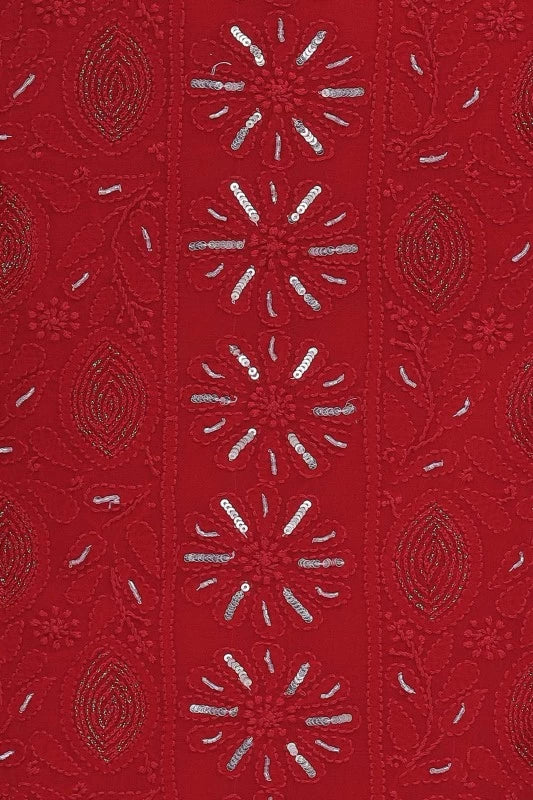 Ada Hand Embroidered Red Georgette Lucknowi Chikankari Unstitched Kurta Piece With Sequinned Work A555292