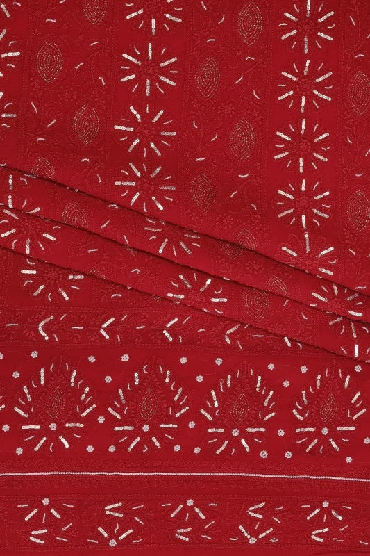 Ada Hand Embroidered Red Georgette Lucknowi Chikankari Unstitched Kurta Piece With Sequinned Work A555292