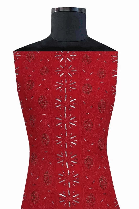 Ada Hand Embroidered Red Georgette Lucknowi Chikankari Unstitched Kurta Piece With Sequinned Work A555292