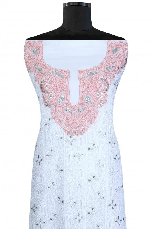 Ada Hand Embroidered White Georgette Lucknowi Chikankari Unstitched Kurta Piece With Gota Patti Work A595713
