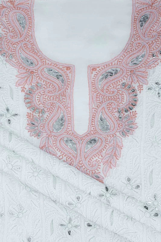 Ada Hand Embroidered White Georgette Lucknowi Chikankari Unstitched Kurta Piece With Gota Patti Work A595713
