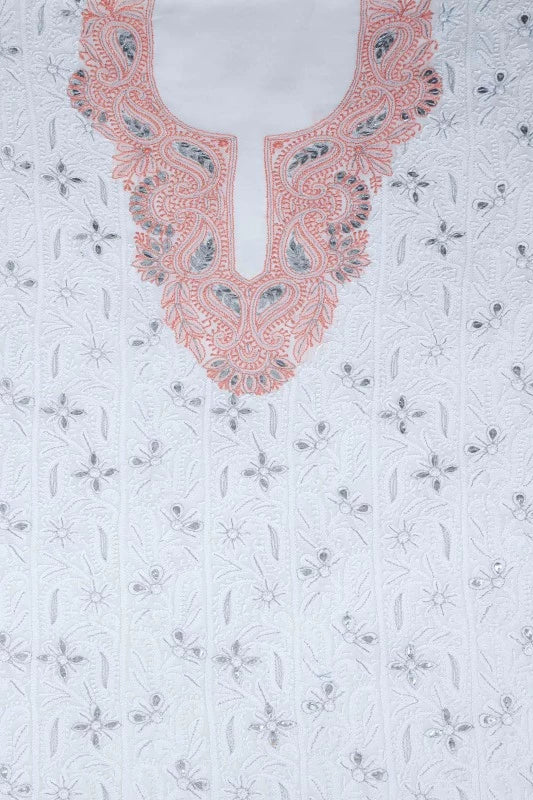 Ada Hand Embroidered White Georgette Lucknowi Chikankari Unstitched Kurta Piece With Gota Patti Work A595713