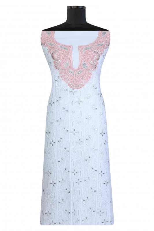 Ada Hand Embroidered White Georgette Lucknowi Chikankari Unstitched Kurta Piece With Gota Patti Work A595713
