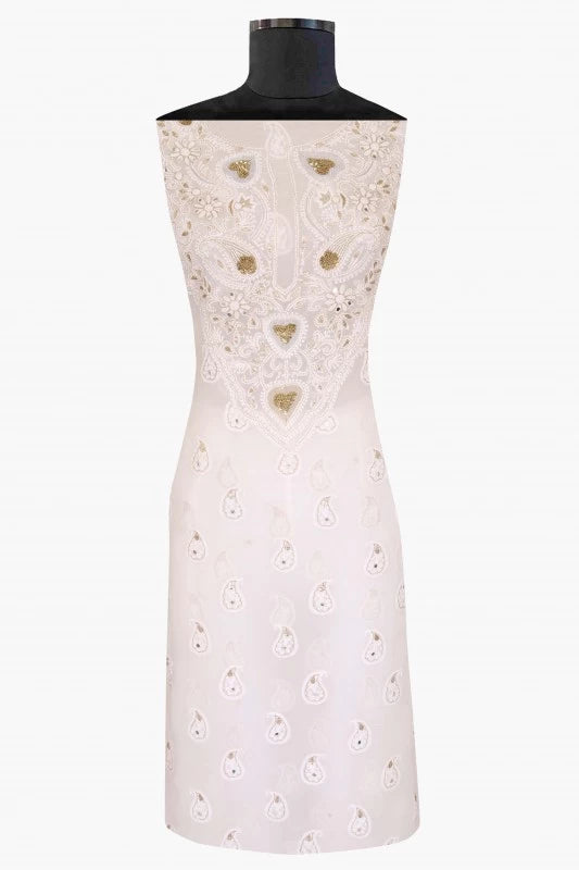 Ada Hand Embroidered White Georgette Lucknowi Chikankari Unstitched Kurta Piece With Gota Patti Work A394928