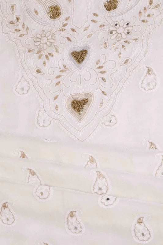 Ada Hand Embroidered White Georgette Lucknowi Chikankari Unstitched Kurta Piece With Gota Patti Work A394928