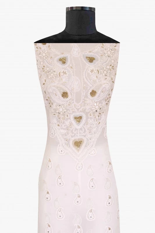 Ada Hand Embroidered White Georgette Lucknowi Chikankari Unstitched Kurta Piece With Gota Patti Work A394928