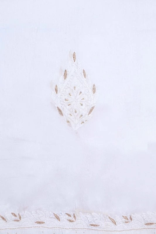 Ada Hand Embroidered White Chanderi Lucknowi Chikankari Unstitched Kurta Piece With Zari Work A484629