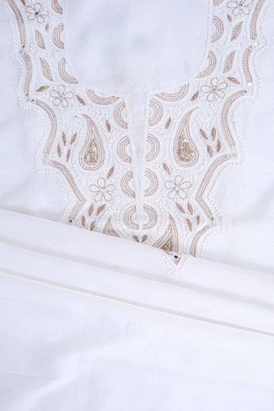 Ada Hand Embroidered White Chanderi Lucknowi Chikankari Unstitched Kurta Piece With Zari Work A484629