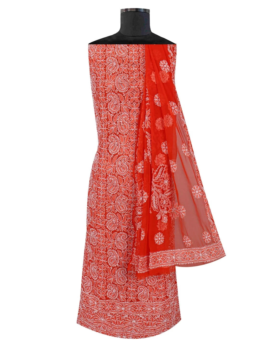 Ada Hand Embroidered Dark Orange Georgette Lucknowi Chikankari Unstitched Suit Piece 01A220588