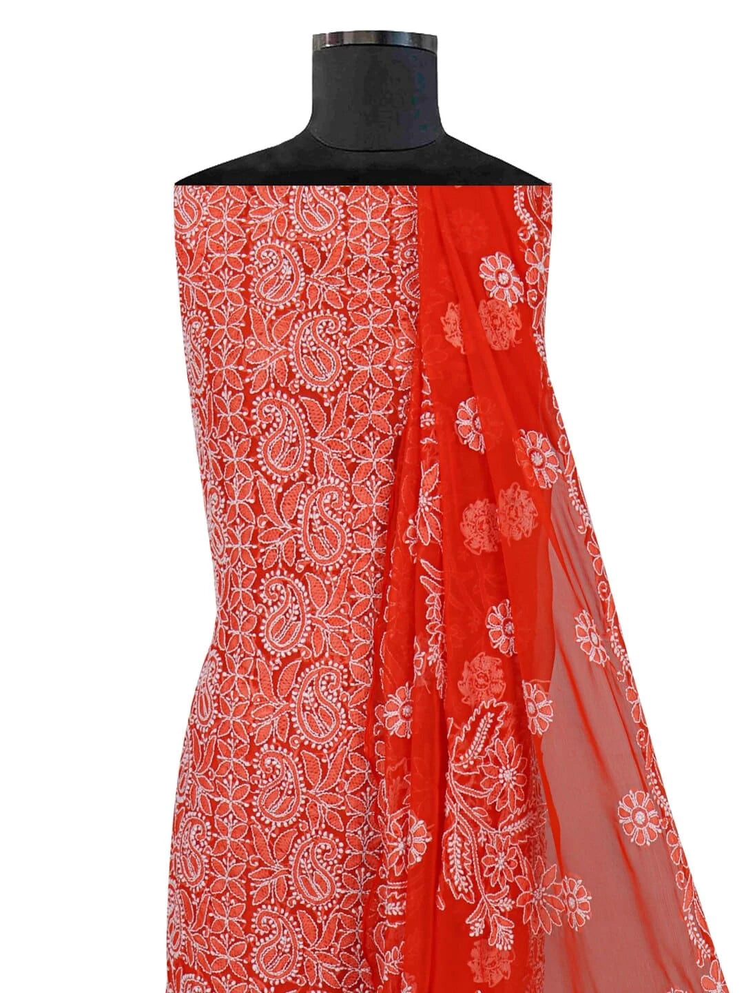 Ada Hand Embroidered Dark Orange Georgette Lucknowi Chikankari Unstitched Suit Piece 01A220588