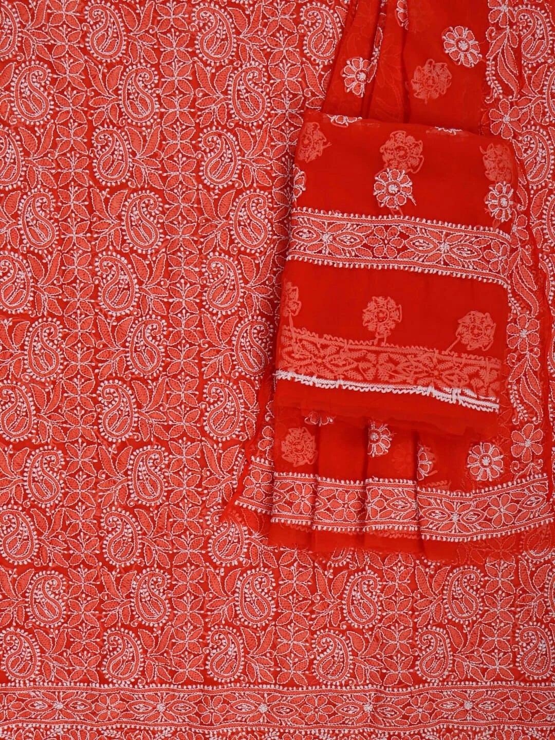 Ada Hand Embroidered Dark Orange Georgette Lucknowi Chikankari Unstitched Suit Piece 01A220588
