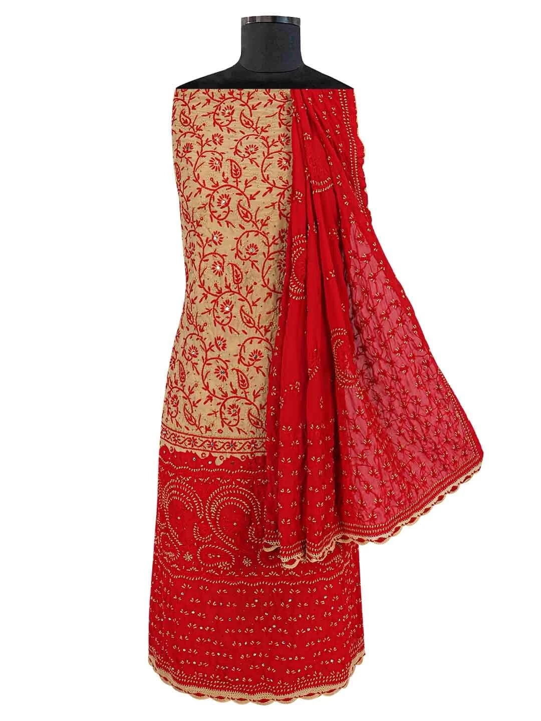 Ada Hand Embroidered Fawn Georgette Lucknowi Chikankari Unstitched Suit Piece with Muqaish Work 01A124706