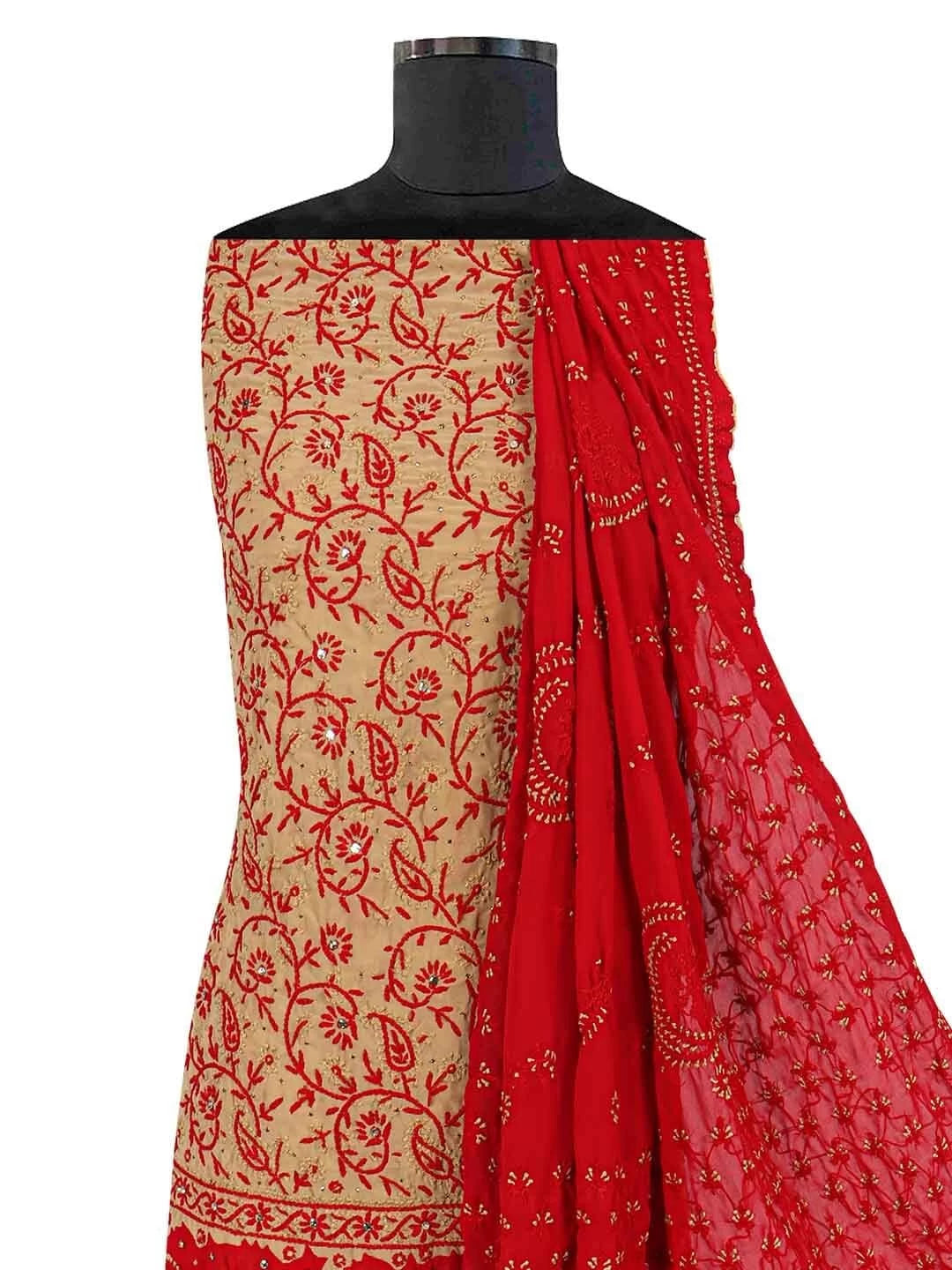 Ada Hand Embroidered Fawn Georgette Lucknowi Chikankari Unstitched Suit Piece with Muqaish Work 01A124706
