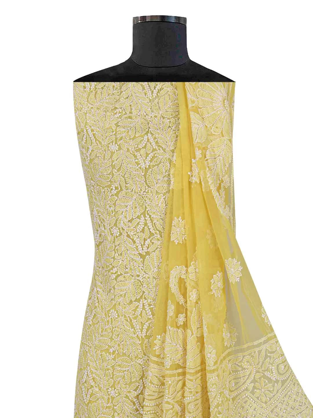 Ada Hand Embroidered Yellow Georgette Lucknowi Chikankari Unstitched Suit Piece 01A114525