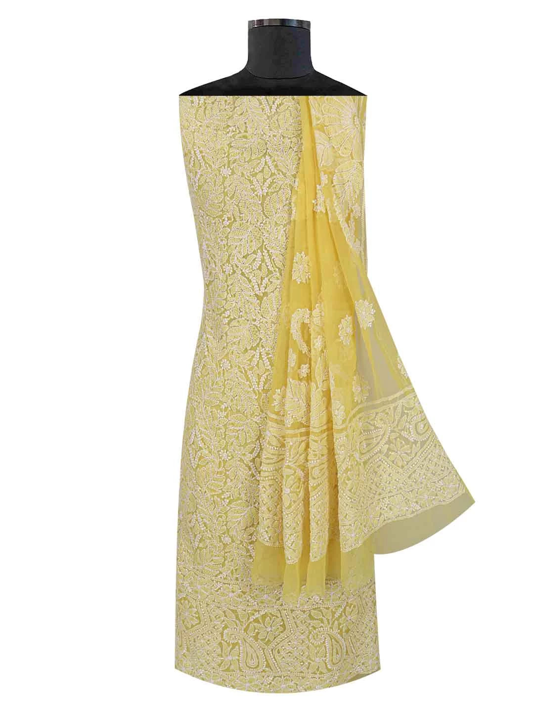 Ada Hand Embroidered Yellow Georgette Lucknowi Chikankari Unstitched Suit Piece 01A114525