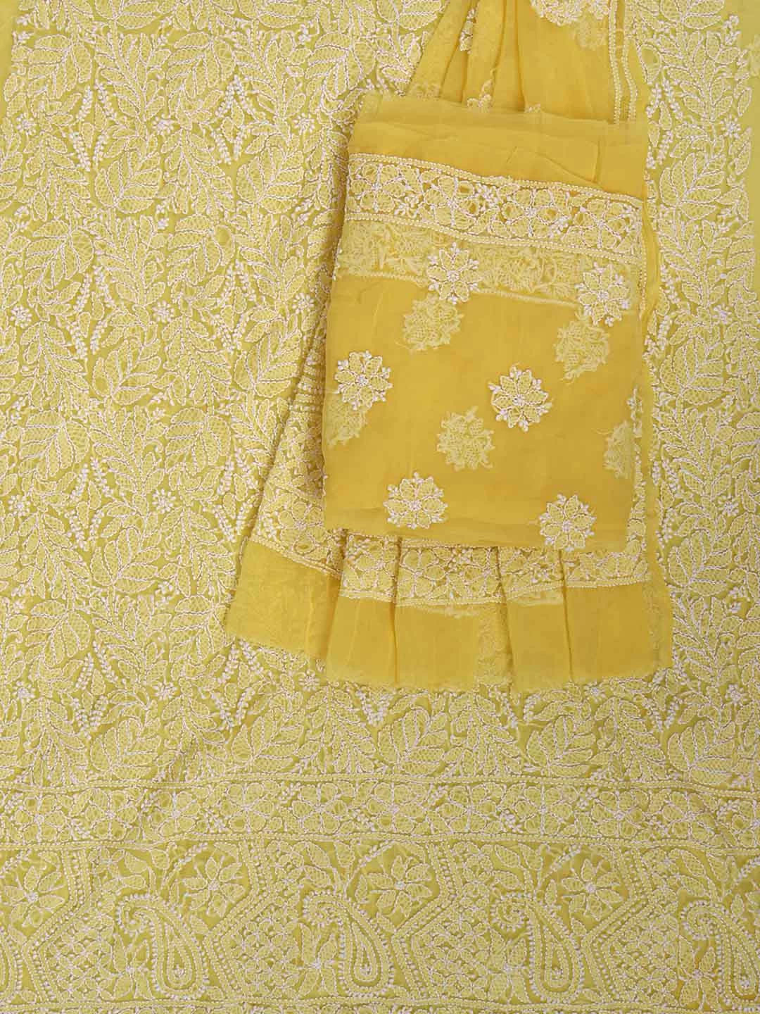 Ada Hand Embroidered Yellow Georgette Lucknowi Chikankari Unstitched Suit Piece 01A114525