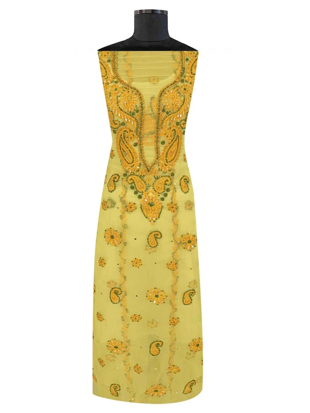 Ada Hand Embroidered Yellow Georgette Lucknowi Chikankari Unstitched Suit Piece With Cutdana Work 01A134949