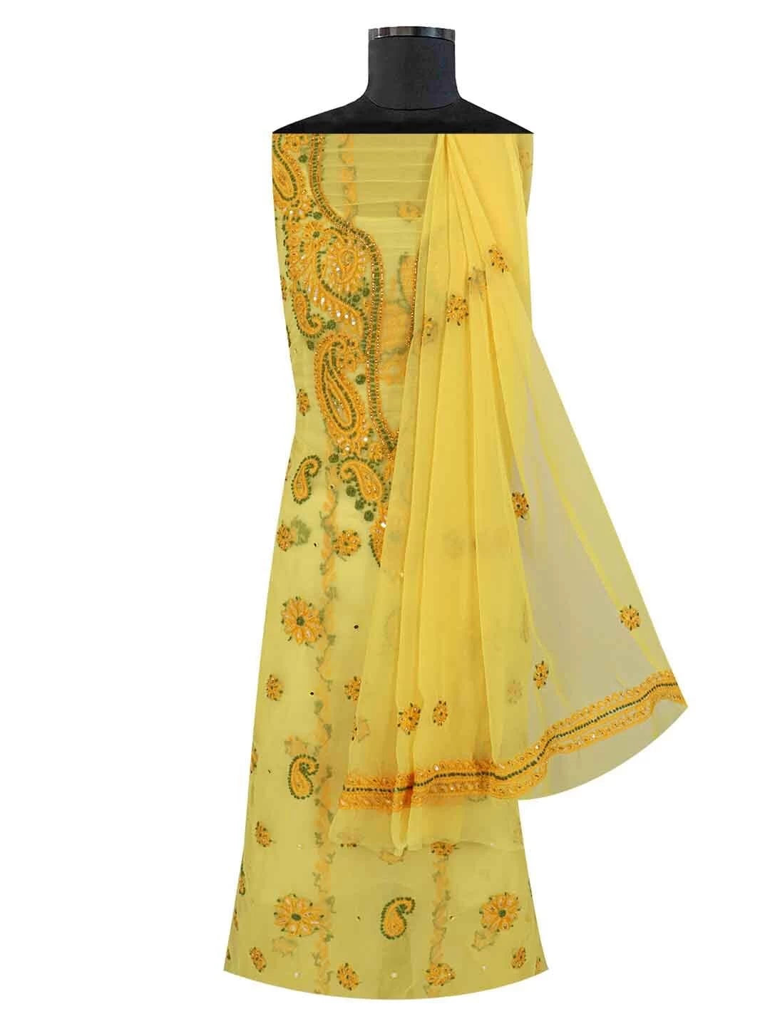 Ada Hand Embroidered Yellow Georgette Lucknowi Chikankari Unstitched Suit Piece With Cutdana Work 01A134949