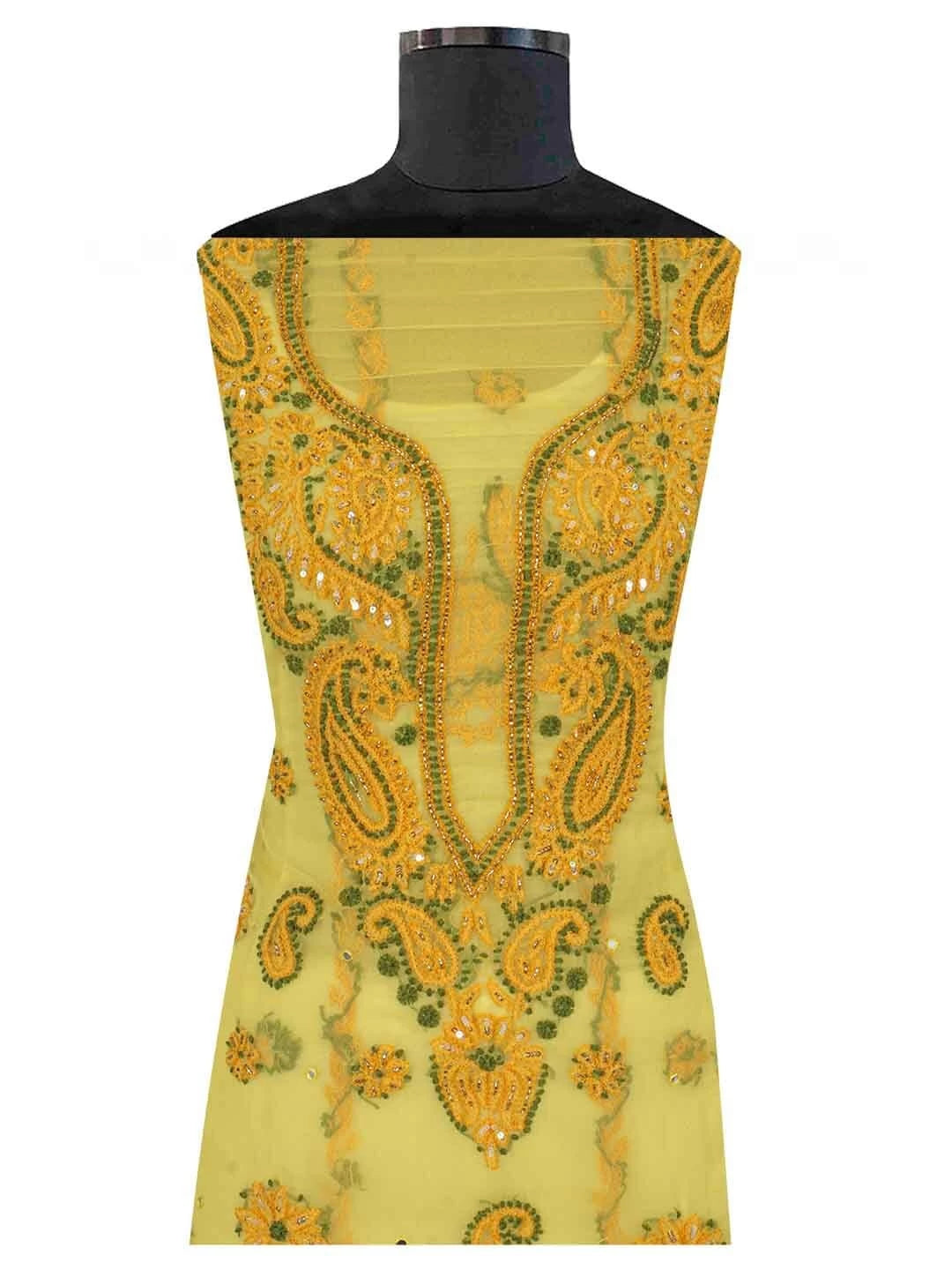 Ada Hand Embroidered Yellow Georgette Lucknowi Chikankari Unstitched Suit Piece With Cutdana Work 01A134949