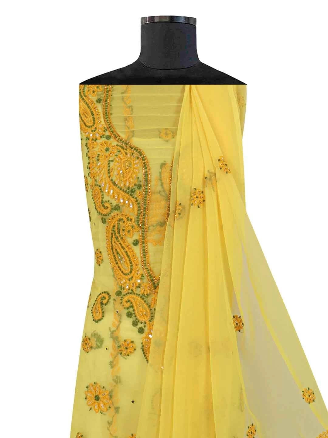 Ada Hand Embroidered Yellow Georgette Lucknowi Chikankari Unstitched Suit Piece With Cutdana Work 01A134949