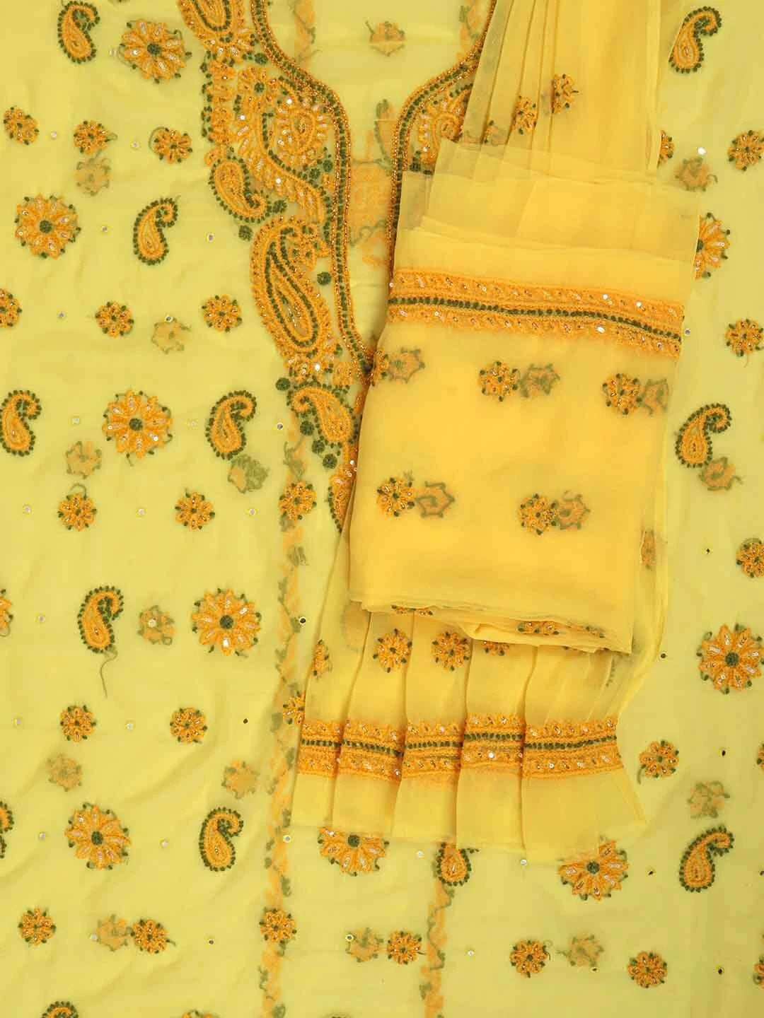 Ada Hand Embroidered Yellow Georgette Lucknowi Chikankari Unstitched Suit Piece With Cutdana Work 01A134949