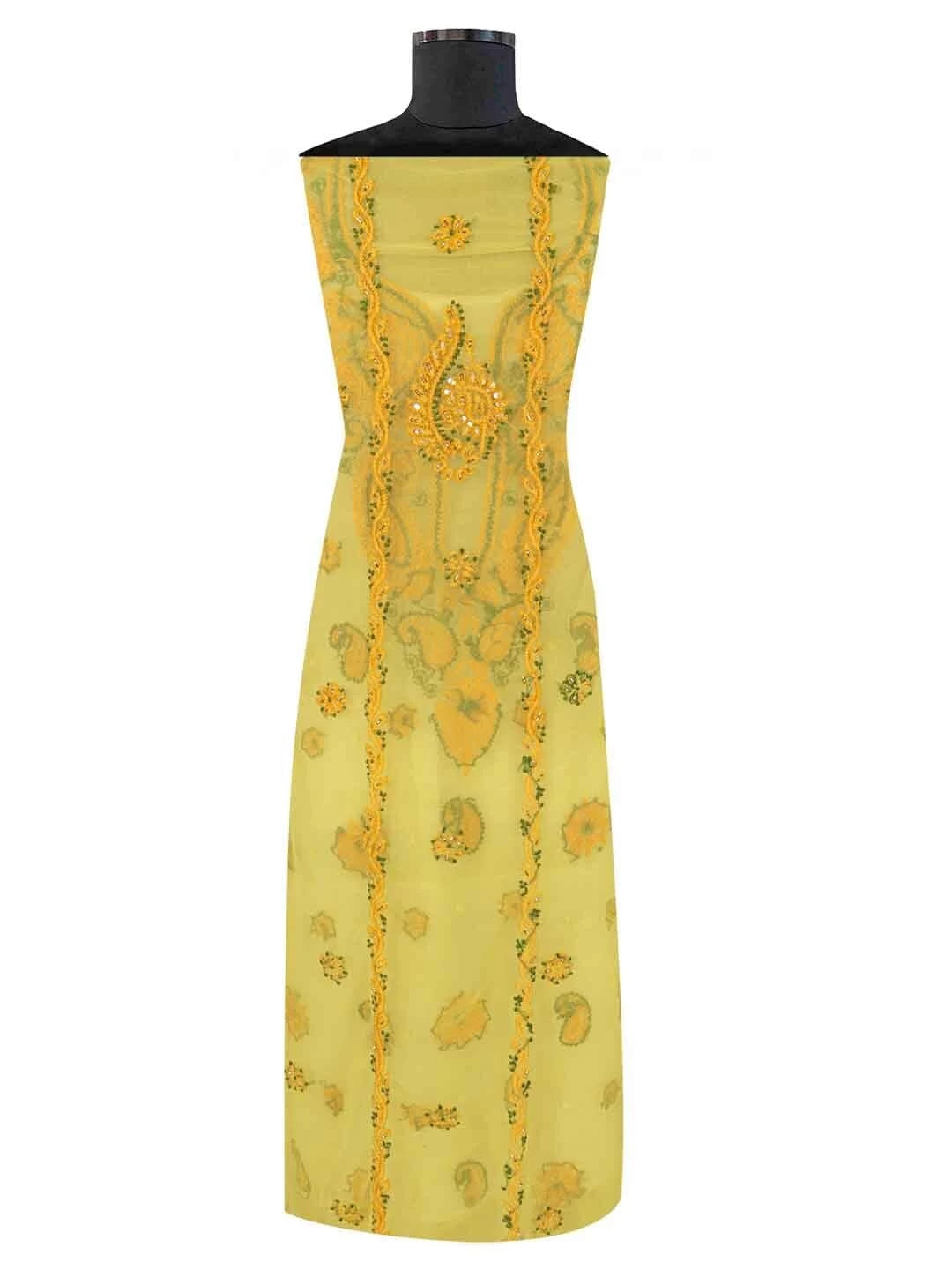 Ada Hand Embroidered Yellow Georgette Lucknowi Chikankari Unstitched Suit Piece With Cutdana Work 01A134949