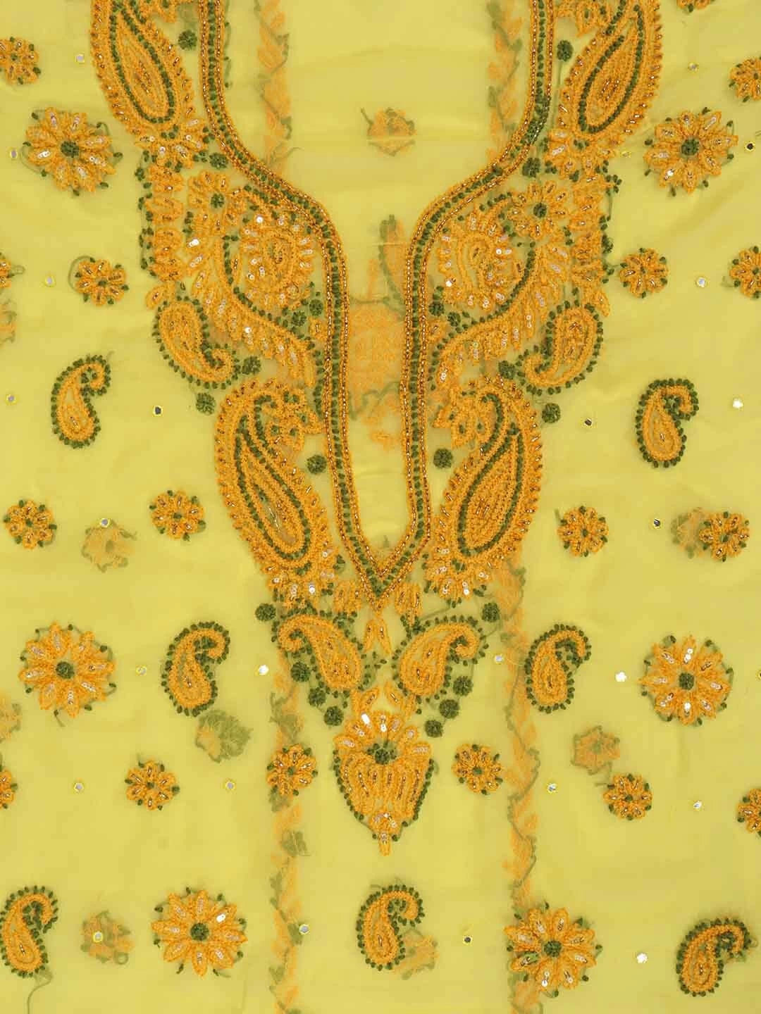 Ada Hand Embroidered Yellow Georgette Lucknowi Chikankari Unstitched Suit Piece With Cutdana Work 01A134949