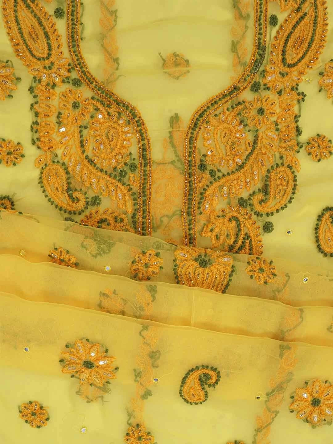 Ada Hand Embroidered Yellow Georgette Lucknowi Chikankari Unstitched Suit Piece With Cutdana Work 01A134949