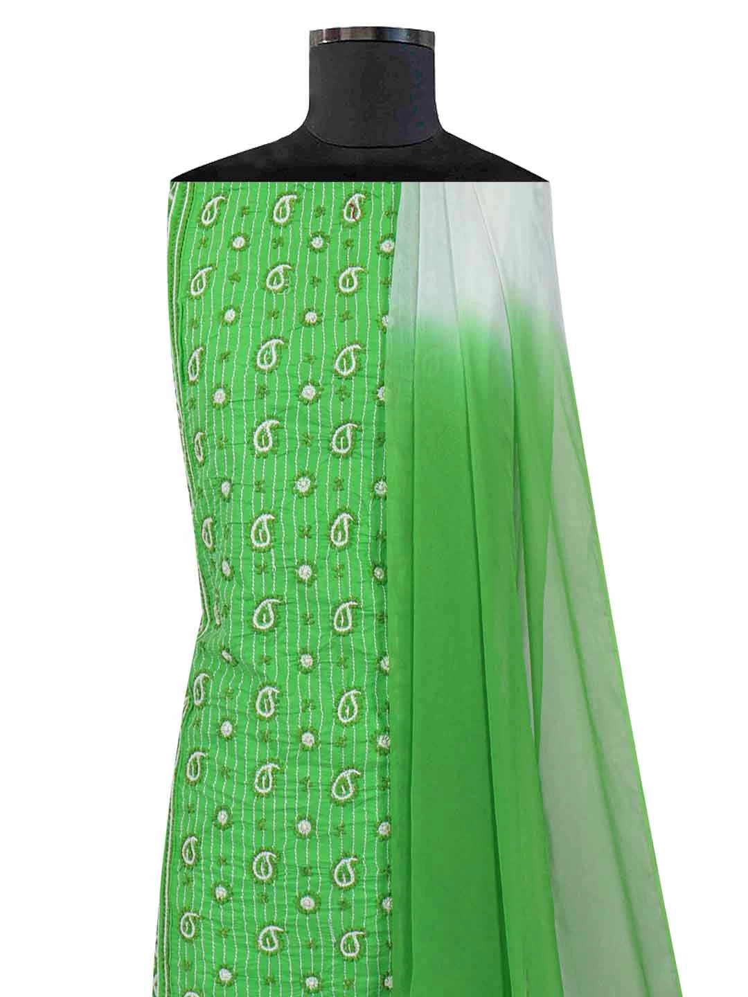 Ada Hand Embroidered Green Cotton Lucknowi Chikankari Unstitched Suit Piece A288909