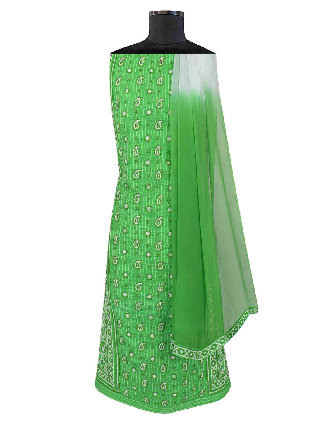 Ada Hand Embroidered Green Cotton Lucknowi Chikankari Unstitched Suit Piece A288909