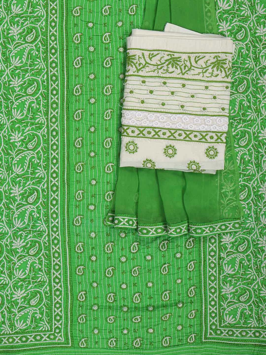 Ada Hand Embroidered Green Cotton Lucknowi Chikankari Unstitched Suit Piece A288909