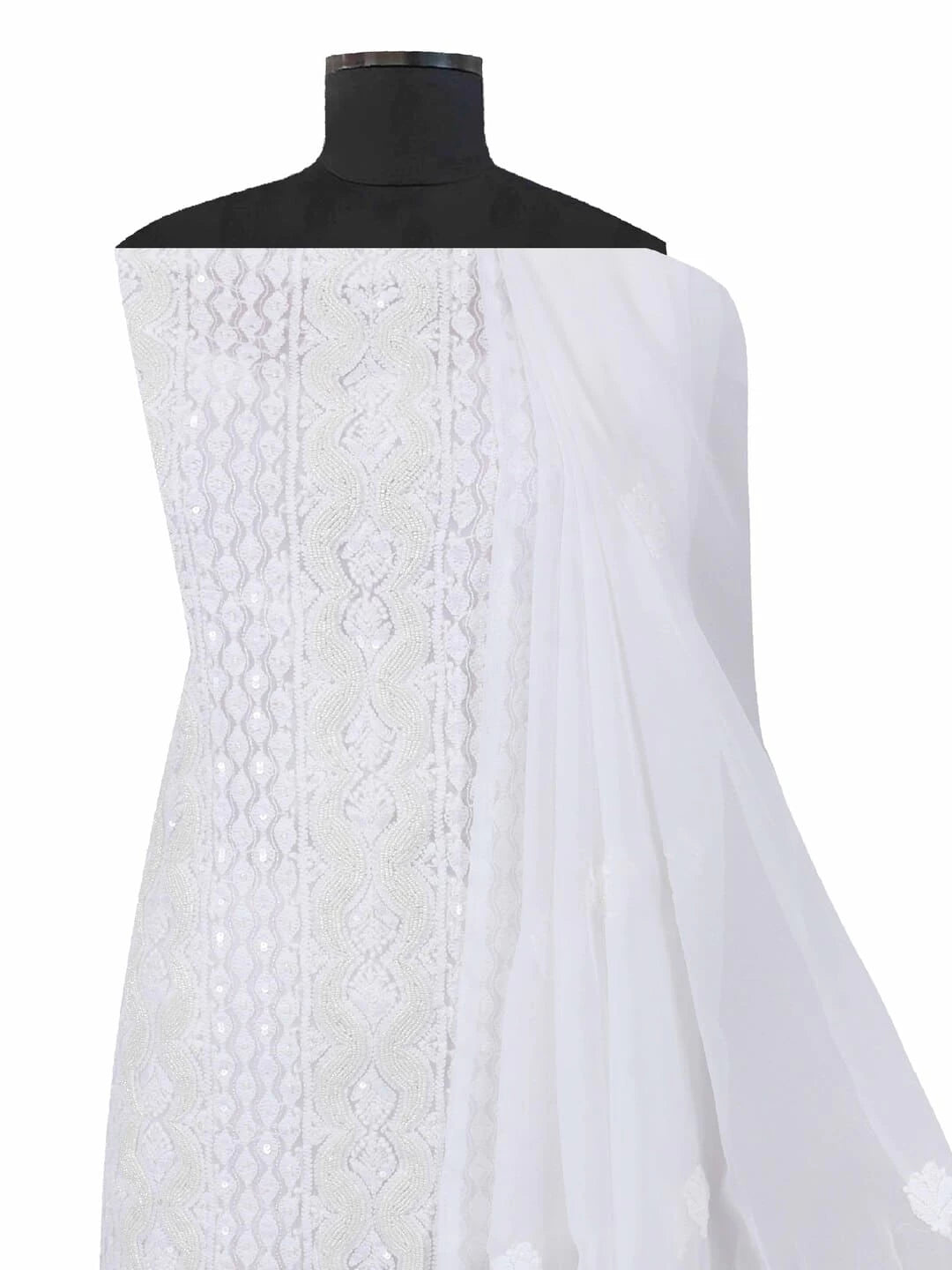 Ada Hand Embroidered White Georgette Lucknowi Chikankari Unstitched Suit Piece With Pearl Work 01A172734