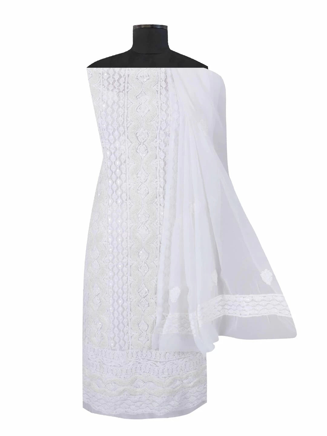 Ada Hand Embroidered White Georgette Lucknowi Chikankari Unstitched Suit Piece With Pearl Work 01A172734