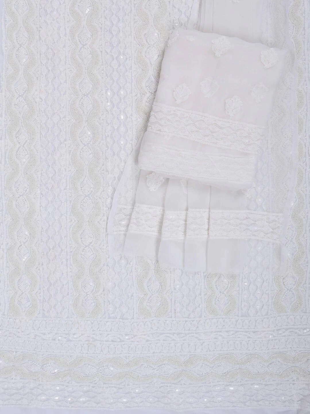 Ada Hand Embroidered White Georgette Lucknowi Chikankari Unstitched Suit Piece With Pearl Work 01A172734